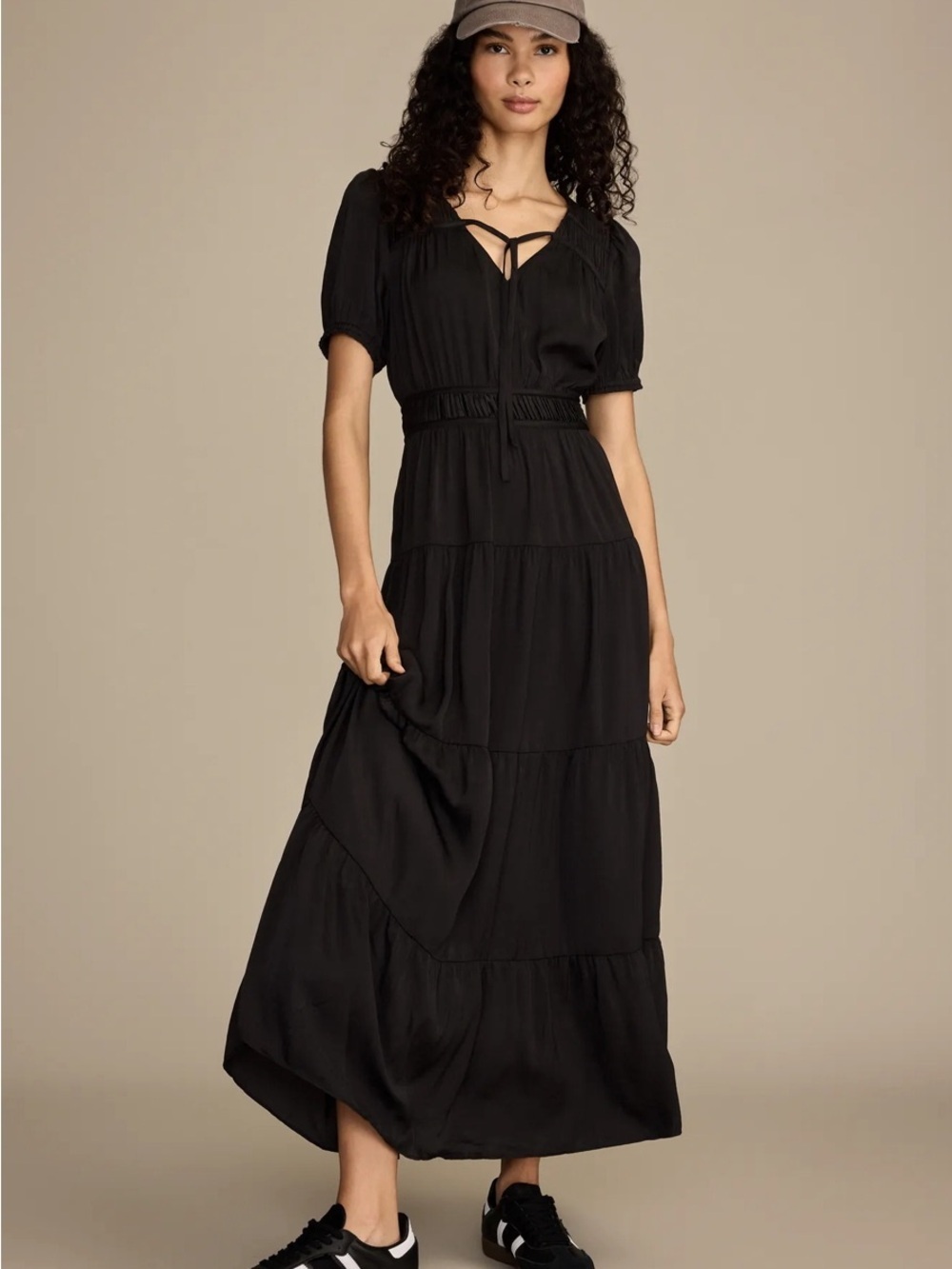 Lucky Brand crinkle satin black midi dress